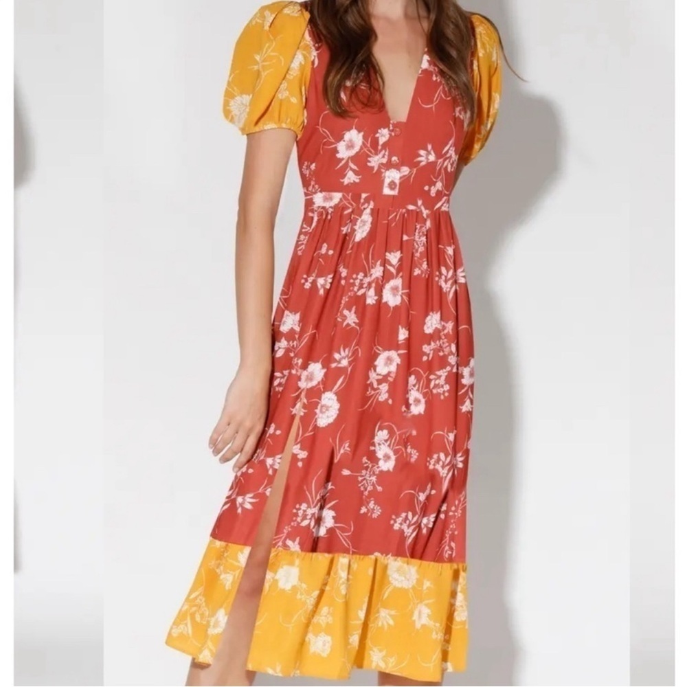 Walter Baker Orange‎ Floral Midi Dress Womens medium Peasant Puff Colorblock